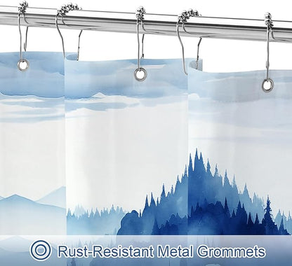 Litabel Navy Blue Long Misty Pine Forest Shower Curtain 72 x 78, Mountain Foggy Woodland Scenery Tree 78 Inch Long Shower Curtains for Bathroom, Abstract Waterproof Nature-Themed Decor