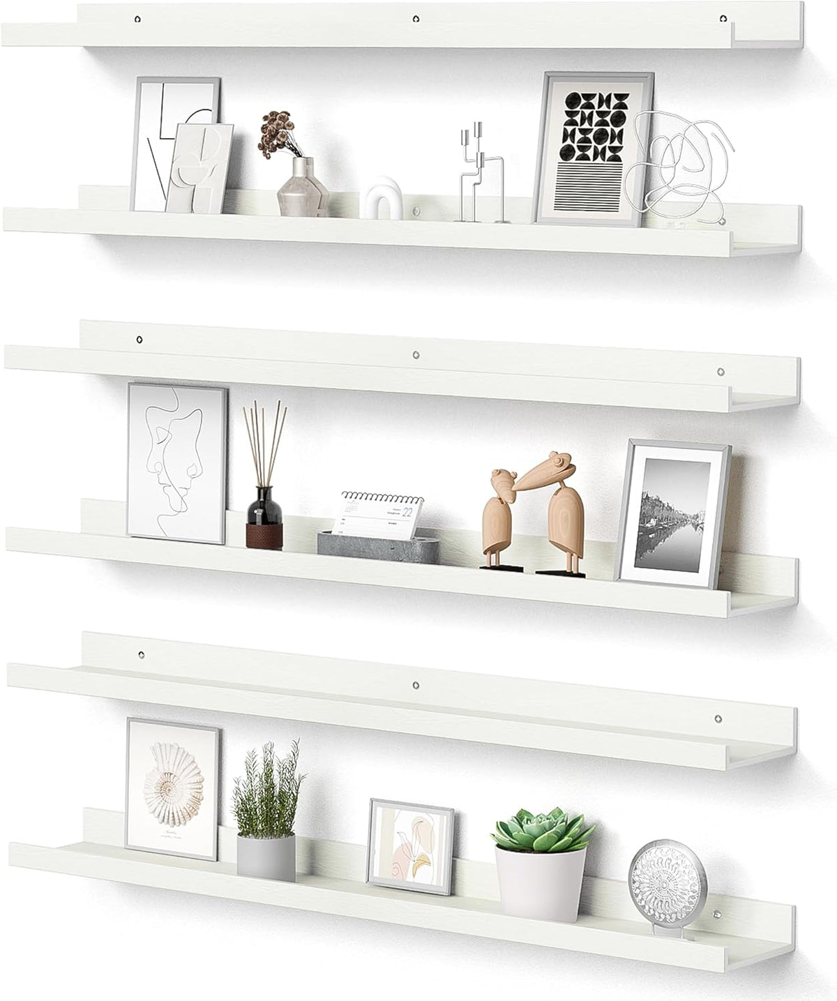 upsimples Floating Shelves for Wall, 35.5 Inch Shelves for Decor Storage Set of 6, Wall Mounted Wood Shelf for Bedroom, Living Room, Bathroom, Kitchen, Long Picture Ledge Shelves, White