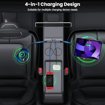 USB Charger Hub Compatible with Tesla Model 3 Highland 2024-2025/Model Y Juniper 2025 2026, 122W 4-Port Retractable Phone Charger Fast Charging Cables for Center Console