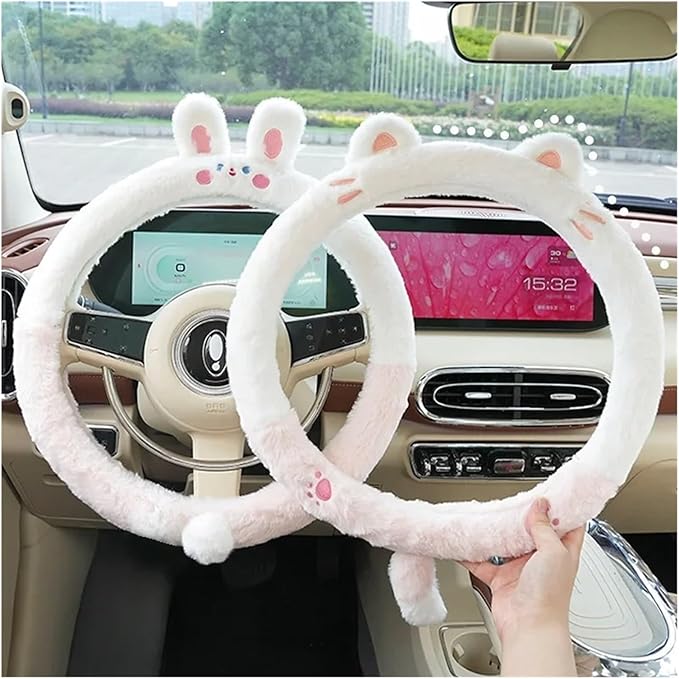 Cute Winter Plush Steering Wheel Cover - Non-Slip Warm Handlebars Decoration for Cars(Plush rabbit rong)