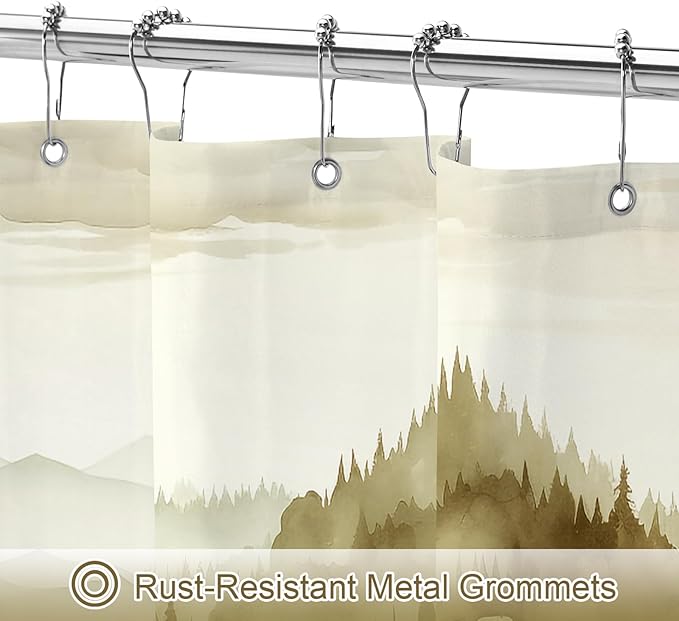 Litabel Yellow Extra Long Misty Pine Forest Shower Curtain 72 x 84, XL Mountain Foggy Woodland Scenery Tree Shower Curtains for Bathroom, Abstract Waterproof Nature-Themed Decor