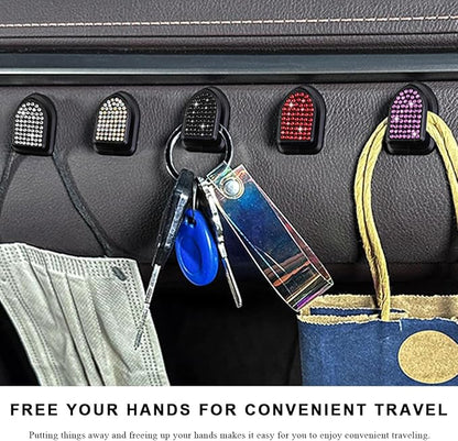 4 PCS Bling Car Mini Hooks, Cute Rhinestone Adhesive Back Seat Auto Hangers, Multifunctional Crystal Hanging Storage Hook for Vehicle Dashboard Wall Hat Coat Towel Key (Colorful)