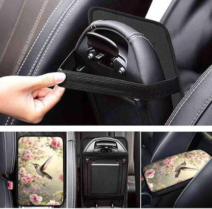 Flower Hummingbird Armrest Cover Pad for Car Soft Car Center Console Cushion Pad, Protect from Pet Claws, Sticky Fingers, Hummingbird Automotive Accessories