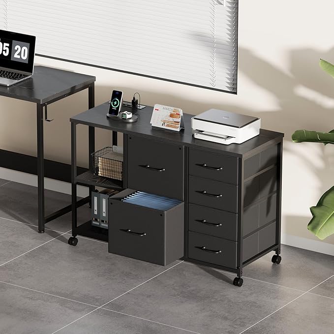 6 Drawer File Cabinet with Charging Station Rolling Printer Stand with Open