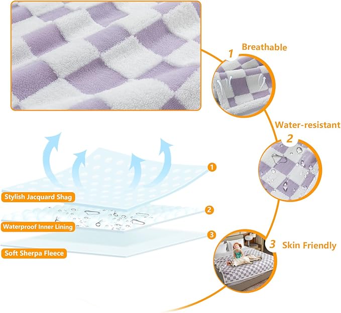 Maidewow Waterproof Pet Blanket,Dog Bed Covers Couch Sofa Stylish Jacquard Pets Throw Blankets for Puppy Cats Washable Reversible Furniture Protection Covers (Purple Check,L)