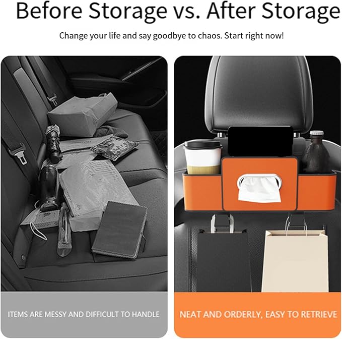 Car Back Seat Organizer with Hooks & Tissue Dispenser – Faux Leather Storage Box with Cup Holders, Multi-Compartment for Sunglasses & Chargers, Compatible with Most Seat Orange 2pcs