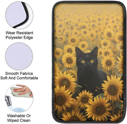Cute Cat Car Center Console Cover Breathable Sunflower Car Armrest Cover Cushion Non Slip Middle Black Console Protector Mat Cute Cat Auto Interior Accessories Decor