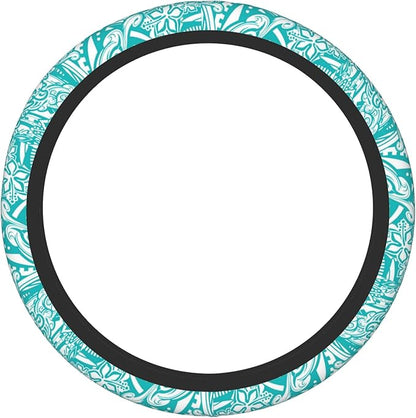 Hawaiian Teal Tribal Turtles Car Steering Wheel Cover for Women Men Stretch Cloth Anti-Slip Wrap Protector Case Fit Universal Auto Accessories Decor Sweat Absorption 14-15 Inch