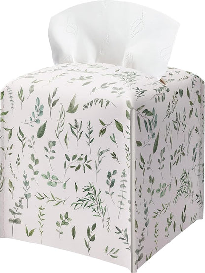 Sage Green Tissue Box Holder, Modern Leather Tissue Box Cover Square with Bottom Belt, Paper Napkins Everyday Dispenser Accessories for Bathroom Night Stands Kitchen Office Car Home Decor