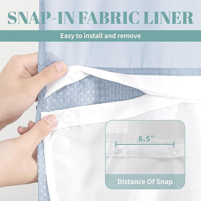 eachope ForstBlue No Hook Waffle Weave Shower Curtain with snap-in Liner Replacement, 230GSM Waterproof Fabric Hotel Shower Curtain Set for Bathroom, Through Mesh Top Window,54Wx80H