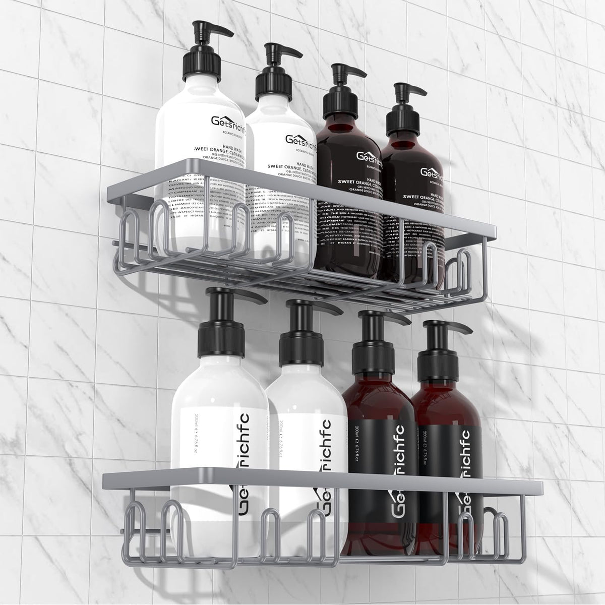 2025 New Adhesive Shower Caddy, Shower Shelves with 16 Hooks, Grey 2 Pack