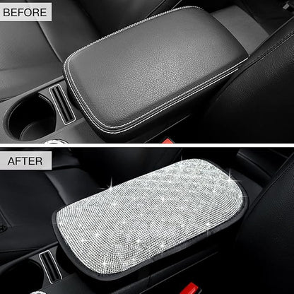 SAVORI Bling Car Armrest Cover Diamond Rhinestone Auto Center Console Cover Protector Arm Rest Cushion Pads Universal Bling Car Accessories for Women Girl Cute Vehicle Interior Decor (White)