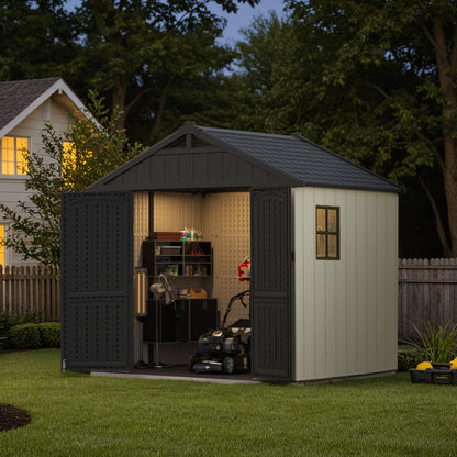 Patiowell 8 x 6 FT Resin Outdoor Storage Shed with Floor, Large Shed with Light and Lockable Door for Garden, Backyard, Tool Storage Use, Easy to Install in Beige (Kick-it Shed)