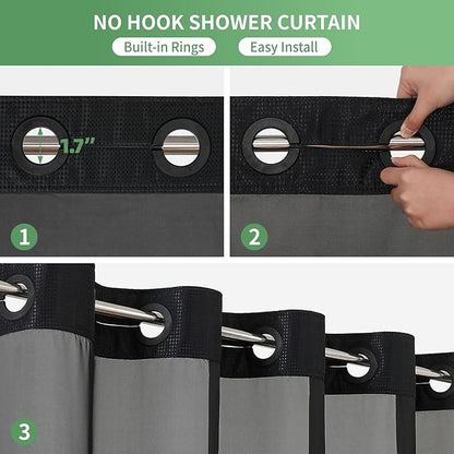 eachope Black No Hook Shower Curtain with Snap-in Fabric Liner Set,Waffle Weave Shower Curtains for Bathroom,Hotel Luxury Decor Bathroom Curtain Set,Waterproof & Washable,71Wx74H