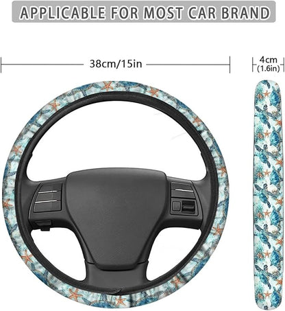AFPANQZ Steering Wheel Cover for Women, Turtle Starfish Print Sweat Absorbing Non-Slip Steering Wheel Protection Case Machine Washable Elastic Flexible Universal 14 to 15 inch