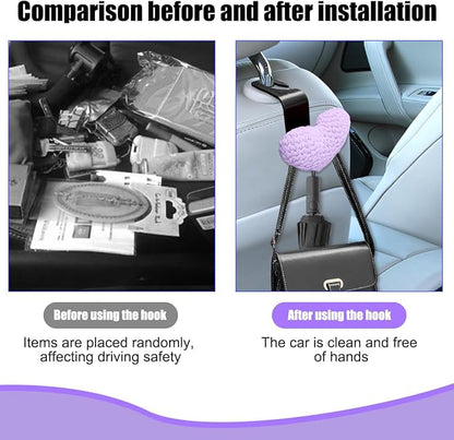 2PCS Car Headrest Hook, Cute Wool Heart Vehicle Seat Hangers for Umbrellas Grocery Bags, Automotive Interior Backseat Storage Organizer Hook, Universal for SUV, Sedan, Truck (Purple)
