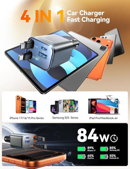 Retractable Car Charger 84W Car Charger USB C for iPhone 16 17 Pro Max Fast Charging [PD45W Dual Type C Cables] Car Accessories Cigarette Lighter Adapter for iPhone 17 Air 16 15 Pro Max, Samsung S25