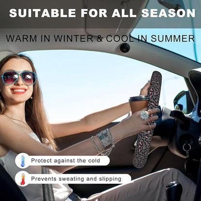 Pink Black Leopard Cheetah Print Steering Wheel Cover, Cute Anti-Slip Breathable Car Accessories Interior Elastic Steering Wheel Cover for Women Fit Auto, SUV Vans Truck Universal 14.5-15 Inch