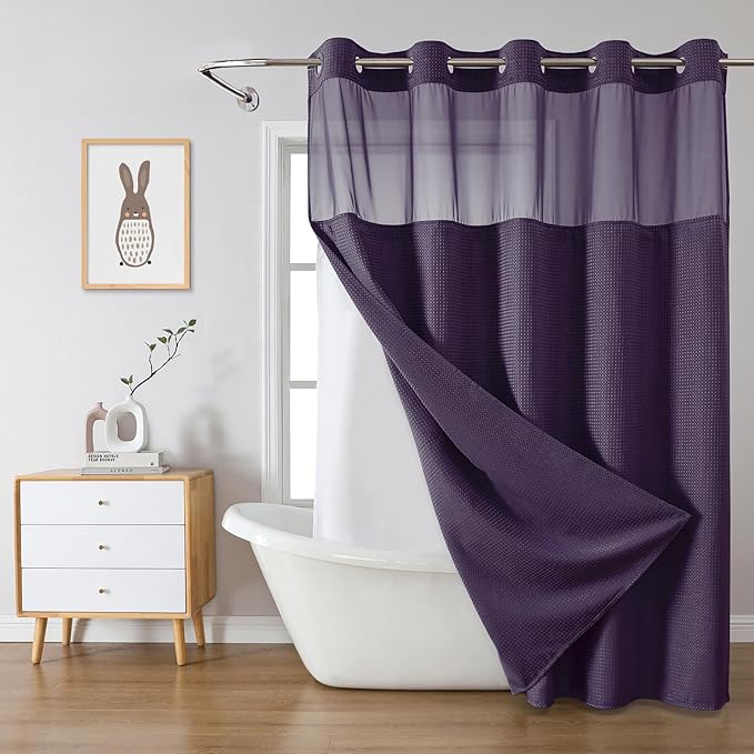 eachope Purple Extra Long No Hook Waffle Weave Shower Curtain with snap-in Liner Replacement, 230GSM Waterproof Fabric Hotel Shower Curtain Set for Bathroom, Through Mesh Top Window,71Wx86H