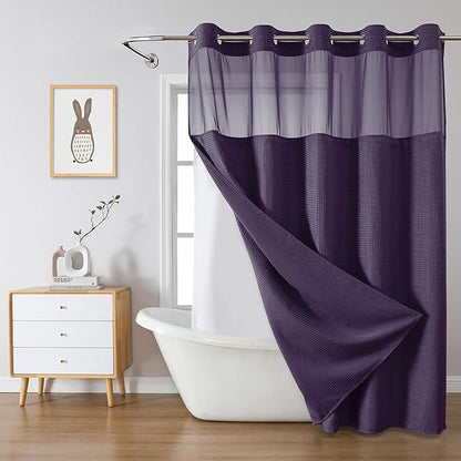 eachope Purple Extra Long No Hook Waffle Weave Shower Curtain with snap-in Liner Replacement, 230GSM Waterproof Fabric Hotel Shower Curtain Set for Bathroom, Through Mesh Top Window,71Wx86H