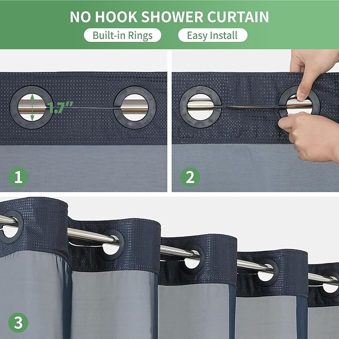eachope Extra Long No Hook Shower Curtain with Snap-in Fabric Liner Set,Navy Waffle Weave Shower Curtains for Bathroom,Hotel Luxury Decor Bathroom Curtain Set,Waterproof & Washable,71Wx86H