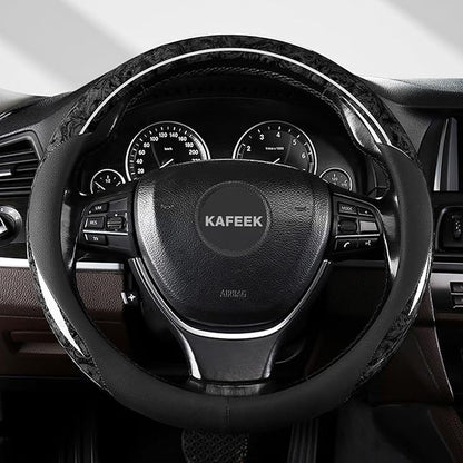 KAFEEK Wood Grain Steering Wheel Cover Microfiber Leather Universal 14 1/2-15 inch, Car Steering Wheel Cover Men Women, Comfortable, Anti-Slip, Odorless, Black
