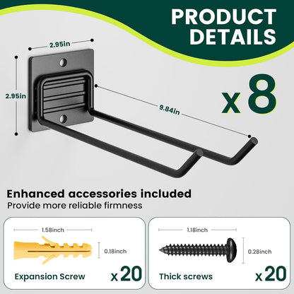 Wall Mount Garden Tool Holder Organizer Rack, Garage Tool Organizer Storage Hook for Yard Shed, Metal Garage Garden Tool Hanger for Lawn Organizer Holds Shovel,Rakes,Brooms,Hoses 8 Pack
