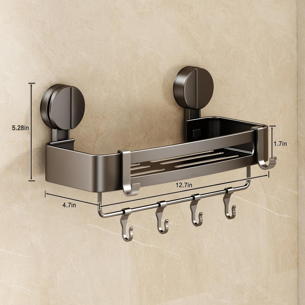 VOLPONE Shower Caddy Suction Cup, 2 Pack Corner Shower Shelves No Drilling, Showers Organizer Storage with Towel Bar & Removable Hooks, Bathroom Shower Shelf Rack for Inside Showers, Square