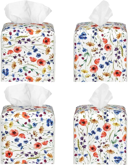 PVC Tissue Box Cover Holder,Watercolor Flower Square Decorative Organizer,5.2"X5.2"X5.2" Tissue Case for Bathroom,Tabletop,Car,Office