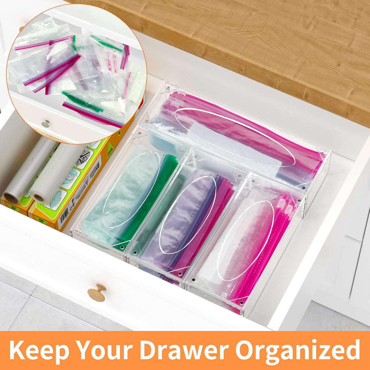 FEMELI Food Bag Storage Organizer, Acrylic Kitchen Drawer Baggie Box, Compatible with Gallon, Slider Quart, Freezer, Sandwich, Snack, Variety Size Bags, 4 separate Pack(Clear)