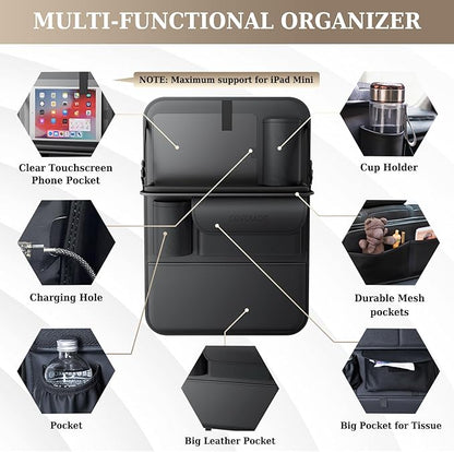 Coverado Car Backseat Organizer with Tablet Tray, Nappa Leather Organizer for Car Seat Back, Waterproof Car Seat Organizer with Touch Screen, Seat Protector Kick Mats for Kids
