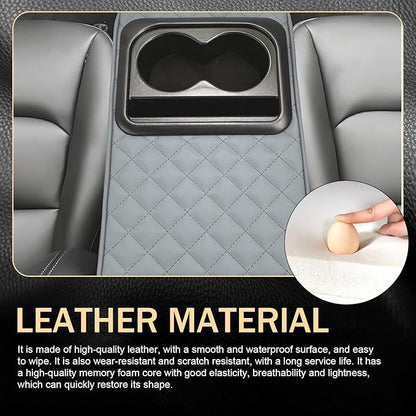 Car Center Console Armrest Pillow, 14"×8.3" Leather Memory Foam Armrest Cushion with Cup Holder & Phone Holder, Waterproof & Anti-Scratch Arm Rest Protector, Universal for Most Cars (Gray)