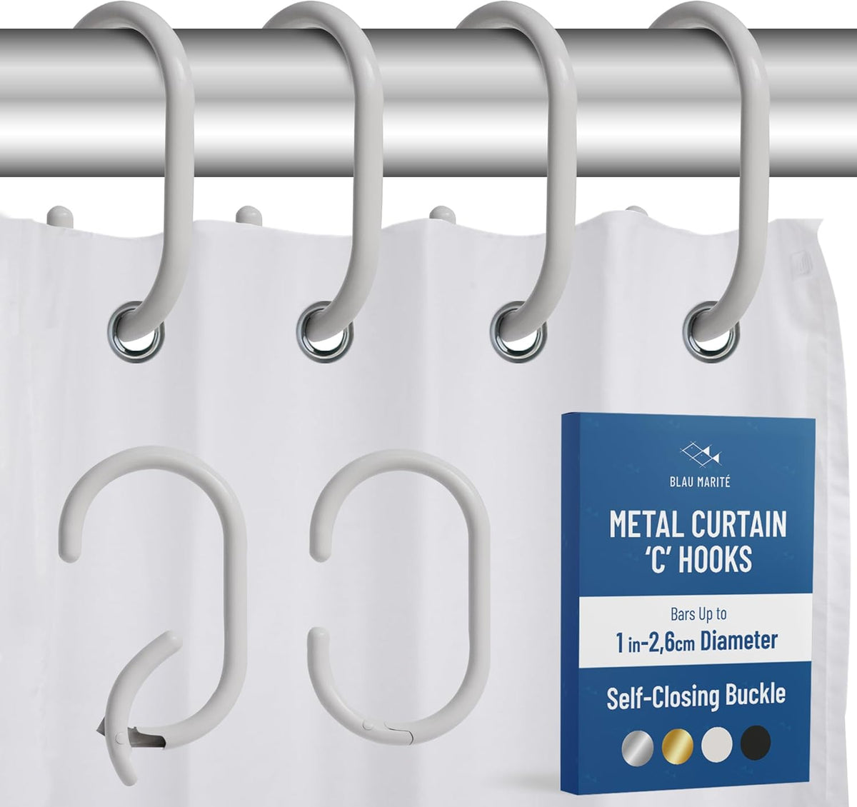 12 Metal Shower Curtain Hooks, Rust-Proof Decorative C-Shaped Curtain Hooks for Bathroom, White Shower Curtain Rings, Fits Rods Up to 1 Inch (C, White)