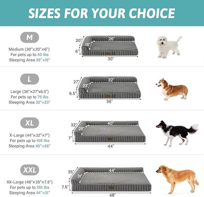 COZY KISS Cute Dog Bed, Faux Rabbit Fur Orthopedic Foam Dog Bed with Sides, Removable Washable Cover & Waterproof Lining, Comfortable Pet Couch for Large Dogs, Grey (44" L x 32" W x 7" Th)