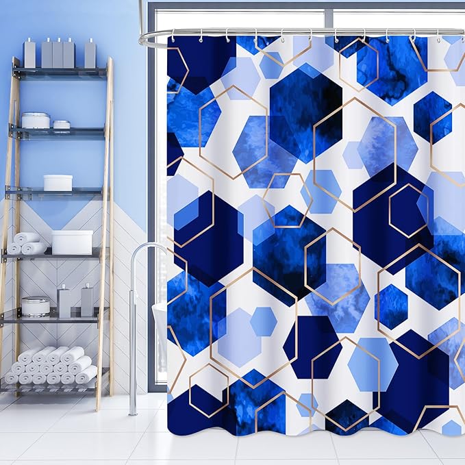 Litabel Modern Extra Long Shower Curtain for Bathroom, Royal Blue Geometric Art Decor Waterproof Bath Curtain, Abstract Fabric Shower Curtain Sets for Home Decor, 72x84 Inch