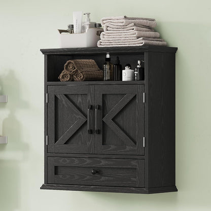 Bathroom Wall Cabinet, Wall Mounted Medicine Cabinet with Drawer, Barn Door & Adjustable Shelf, 24.4"H x 23.6"W x 9"D Black Over Toilet Farmhouse Storage Cabinet for Kitchen, Laundry, Entryway