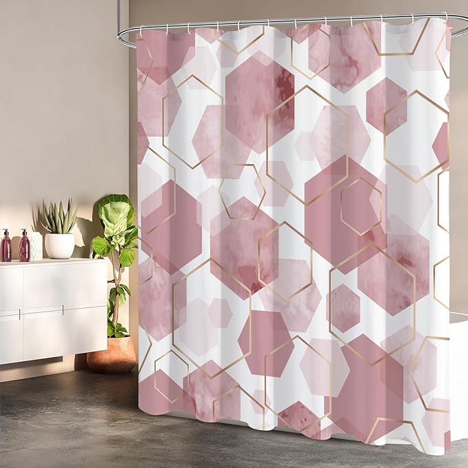 Litabel Modern Long Shower Curtain for Bathroom, Pink Geometric Art Decor Waterproof Bath Curtain, Abstract Fabric Shower Curtain Sets for Home Decor, 72x78 Inch