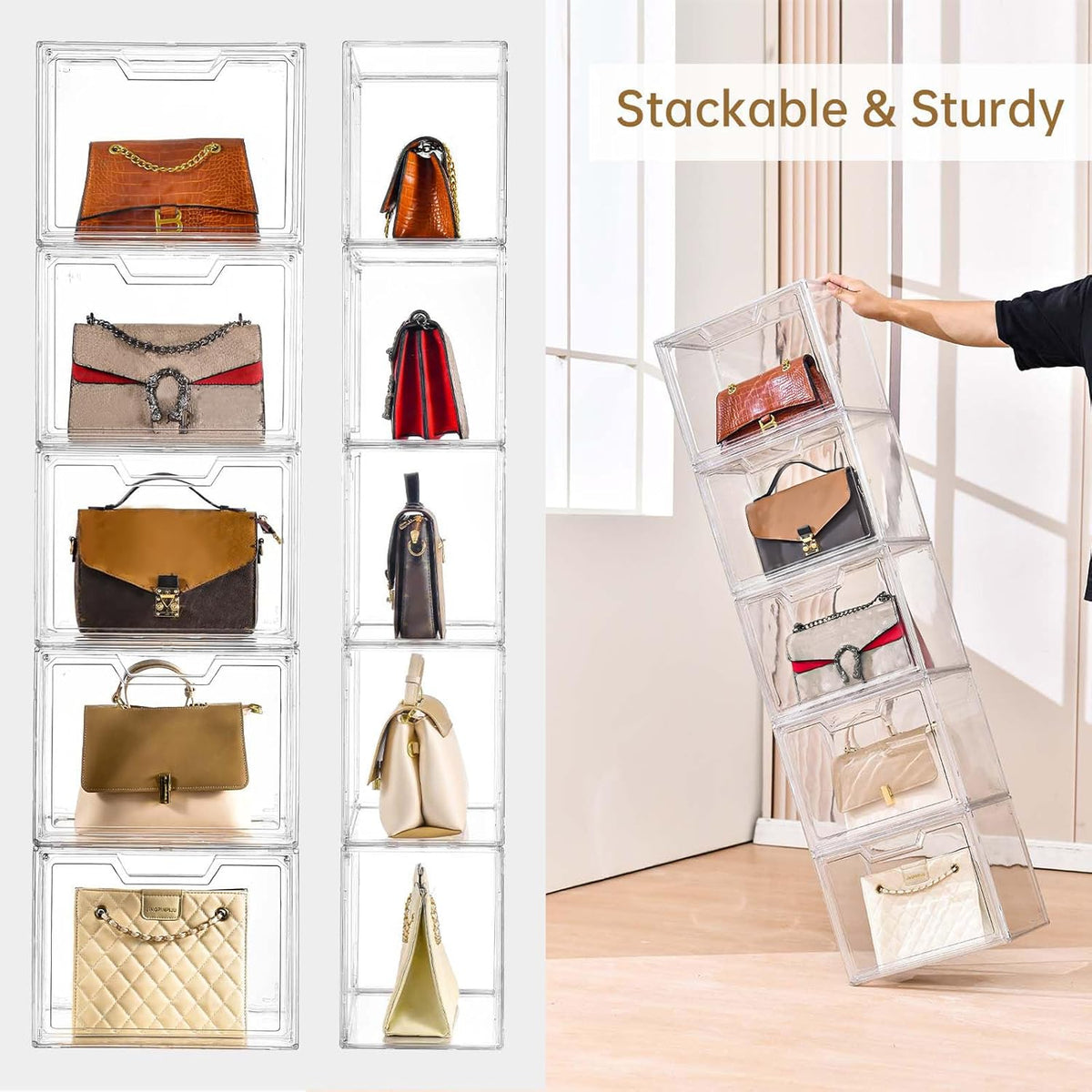 Stackable Storage Bins, Clear Acrylic Display Case, 5-Pack Acrylic Boxes with Lids, Clear Storage Containers Storage for Handbags, Collectibles & Figures