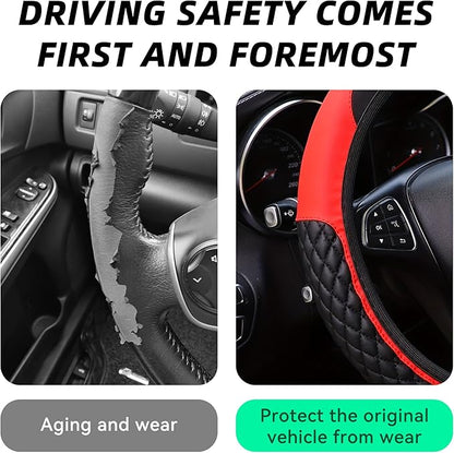 Bling Car Steering Wheel Cover, Diamond Leather Crystal Rhinestones Vehicles Steering Wheel Protector, Sparkling Anti-Slip Automotive Interior Decoration Accessories, Universal Fit (Red)