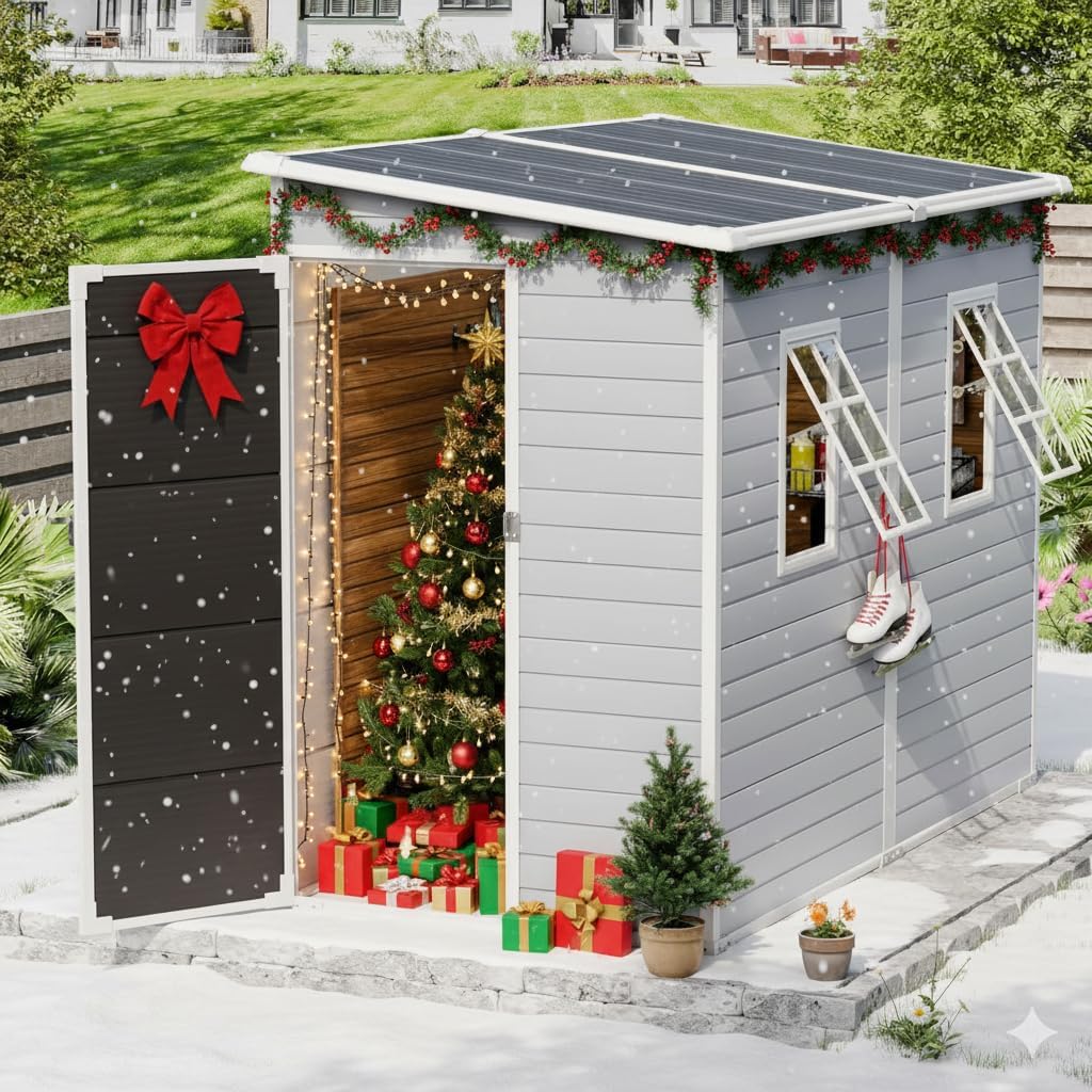 8x4 Outdoor Storage Shed, Lean to Shed with Floor for Patio and Garden, Waterproof Resin Plastic Storage Unit with Lockable Door & Awning Windows