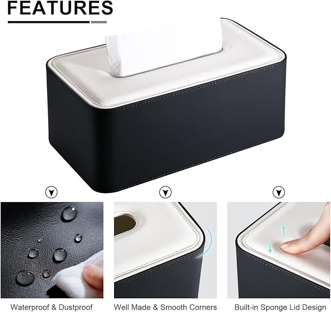 KINGFOM Tissue Box Cover, PU Leather Tissue Box Holder Rectangular, Modern Facial Tissue Paper Napkin Dispenser for Bathroom, Home, Office, Car Automotive Decoration with Magnetic Lid Black