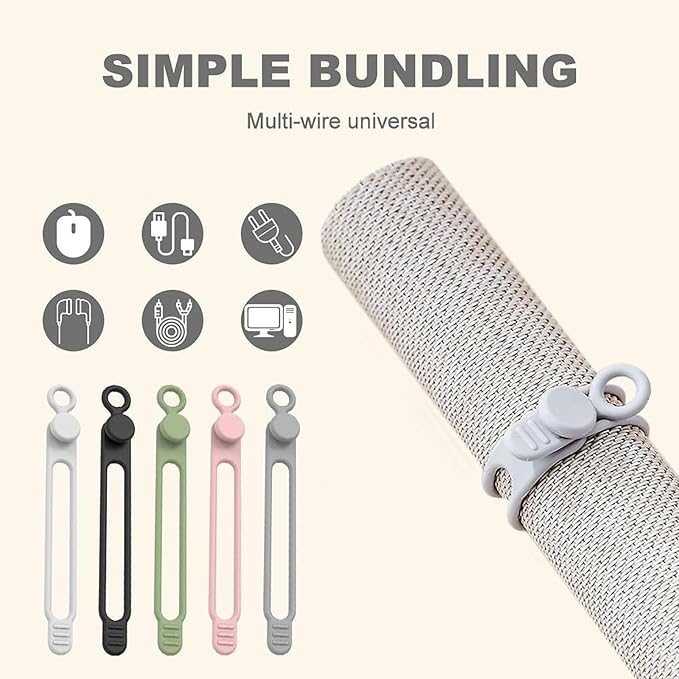 Silicone Cable Ties, Data Cable Organizer Reusable Cable Management Organizer, Multipurpose Elastic Cord Organizer for Bundling and Fastening Cable Cords Wires for Travel/Office/Home (Grey, 5Pack)