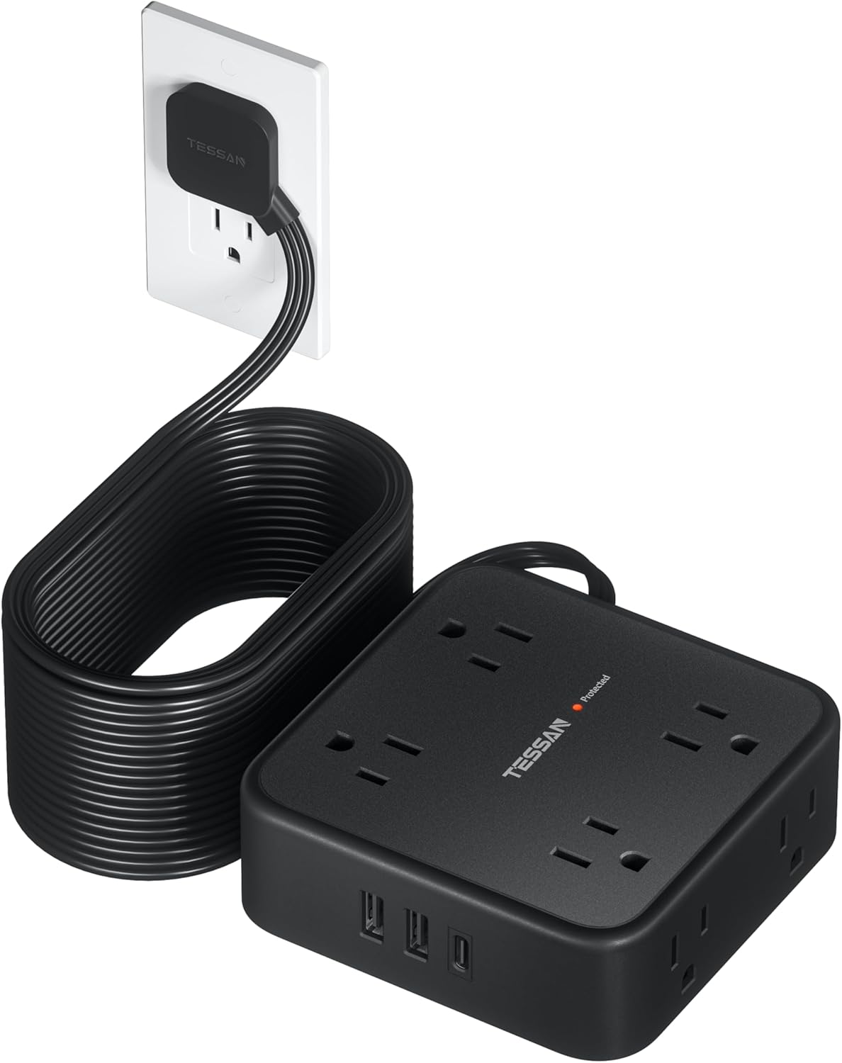 Long Extension Cord 25 FT, TESSAN Ultra Thin Flat Plug Power Strip Surge Protector with 8 AC Outlets, 3 USB Charger(1 USB C), 900J Protection Black Charging Station for Home, Office, Dorm Essentials