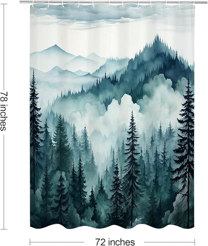 Litabel Peacock Blue Long Misty Pine Forest Shower Curtain 72 x 78, Mountain Foggy Woodland Scenery Tree 78 Inch Long Shower Curtains for Bathroom, Abstract Waterproof Nature-Themed Decor