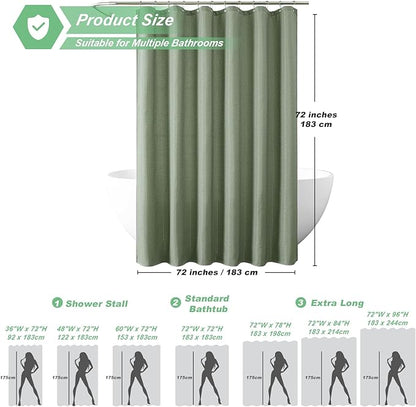 meioro Sage Green Shower Curtain, Waffle Weave 256GSM Heavy Duty Textured Fabric Shower Curtains for Bathroom Hotel Spa, Luxury Weighted Polyester Cloth Bath Curtain Set with 12 Hooks, 48Wx72H