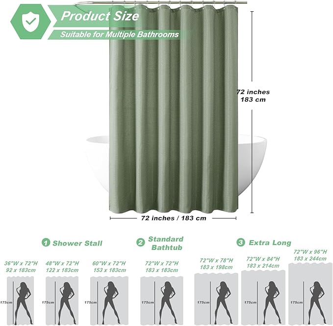 meioro Sage Green Shower Curtain, Waffle Weave 256GSM Heavy Duty Textured Fabric Shower Curtains for Bathroom Hotel Spa, Luxury Weighted Polyester Cloth Bath Curtain Set with 12 Hooks, 72Wx84H