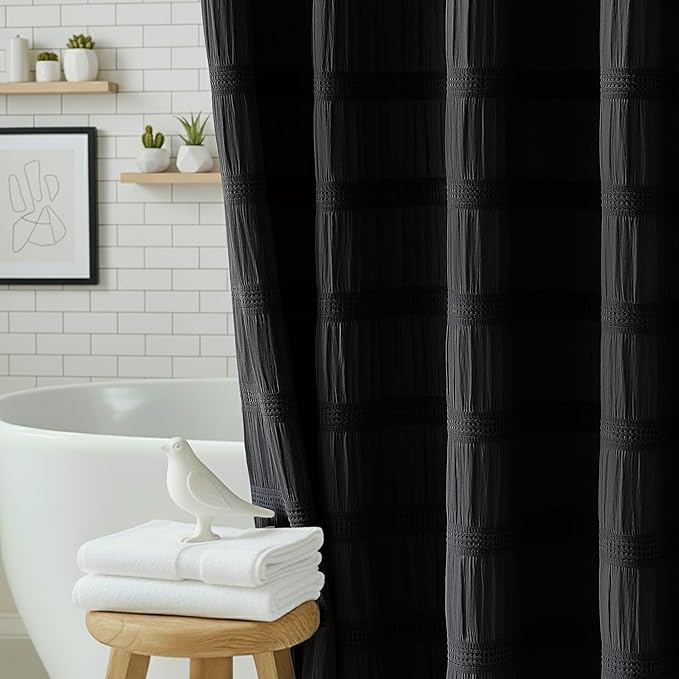 Lameirose Extra Long Black Shower Curtain Farmhouse,72 x 84 Cotton Blend Waffle Tufted Striped Chic Textured Fabric Shower Curtain for Bathroom, Hotel, Washable