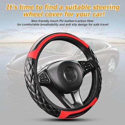 Carbon Fiber Car Steering Wheel Cover, Leather Breathable Non-Slip 14.5-15 Inch Vehicle Steering Wheel Protector, Auto Interior Protection Accessories, Universal for SUV Sedan Truck(Red)