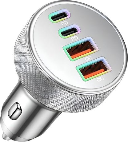 4 in 1 USB C Car Charger, 4-Port 90W PD QC Dual USB C & USB A Vehicle Fast Charging Cigarette Lighter Adapter, Multiport Auto Phone Charge Adapter, Fits 16 15 14 Pro Max Tablet (Silver)