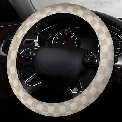 Car Steering Wheel Cover, Universal 15 Inch Neoprene Non-Slip Steering Wheel Covers, Funny Car Accessories for Women Men Fit Auto, Suvs, Truck Cute Beige Checkerboard